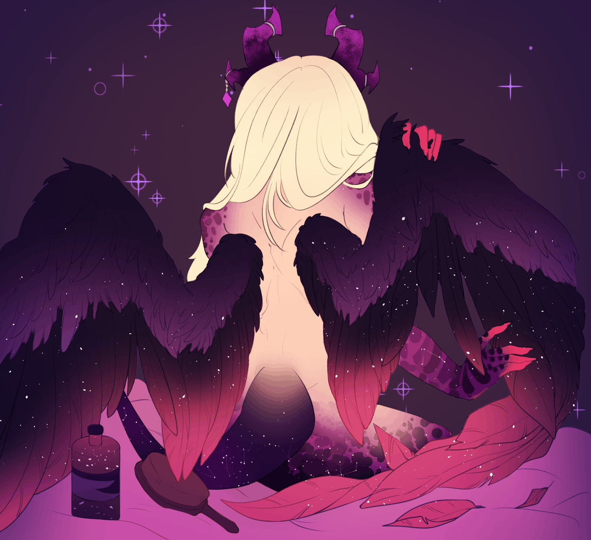 VoidlightDatura's tweet photo. "Some parts of my wings are hard to reach so want to help me ruffle some feathers?"

🎨: @/honeytea on YCH.COMMISHES

#StarsVoid https://t.co/j9lRabPwEF