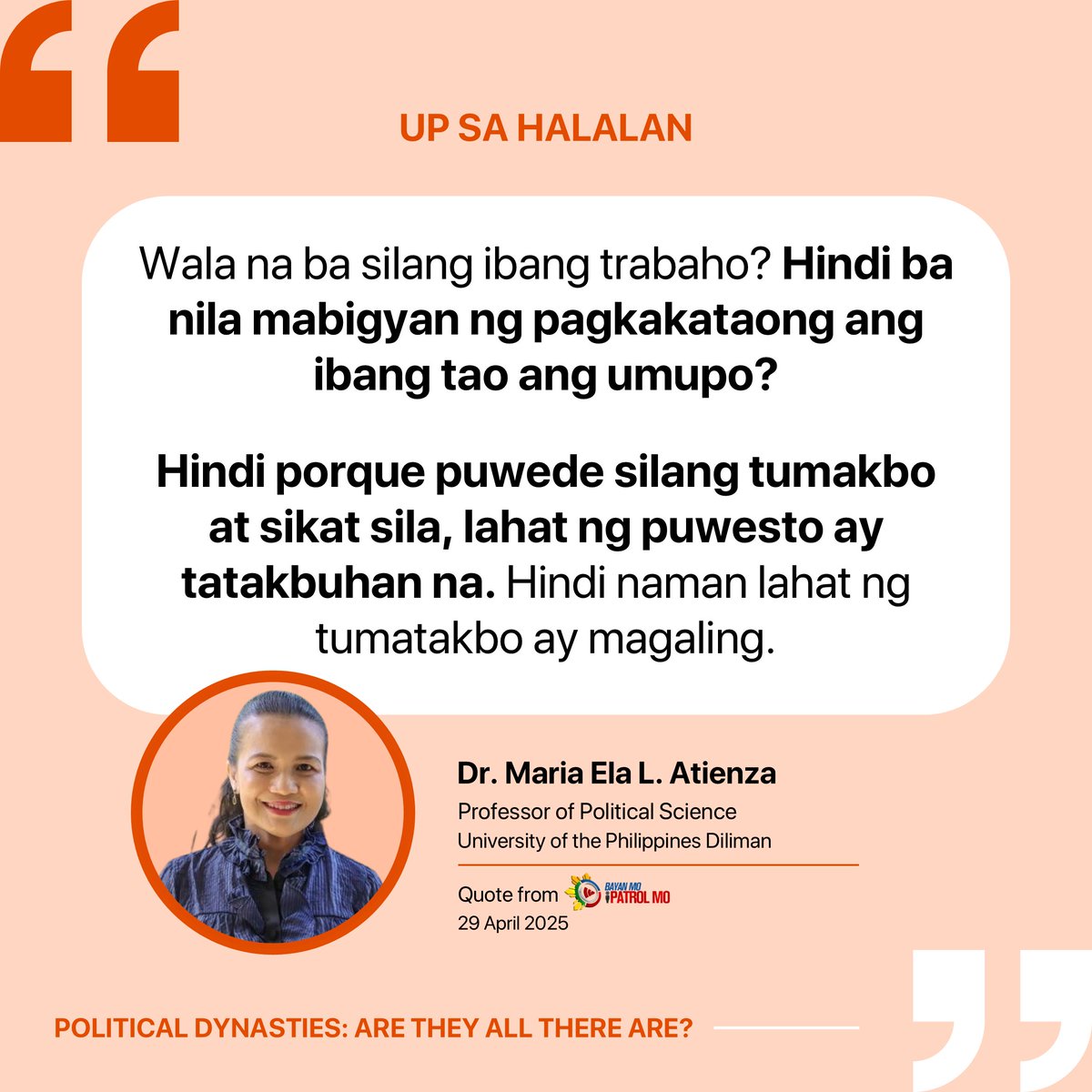 Iba naman! 🙌

In an interview with Bayan Mo, Ipatrol Mo, Professor Ela Atienza critiques the prevailing dominance of political dynasties in Philippine politics.

Watch the full interview here: facebook.com/watch/?v=18921…

#Halalan2025