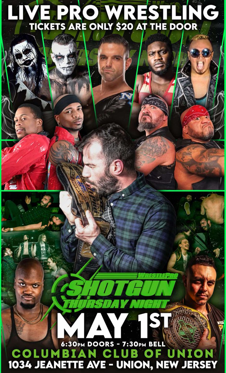 TOMORROW!

Shotgun Thursday Night comes back at you from Union, NJ!

Two title matches, debuts, and returns!

Tickets are $20 at the door! Action starts at 7:30!
