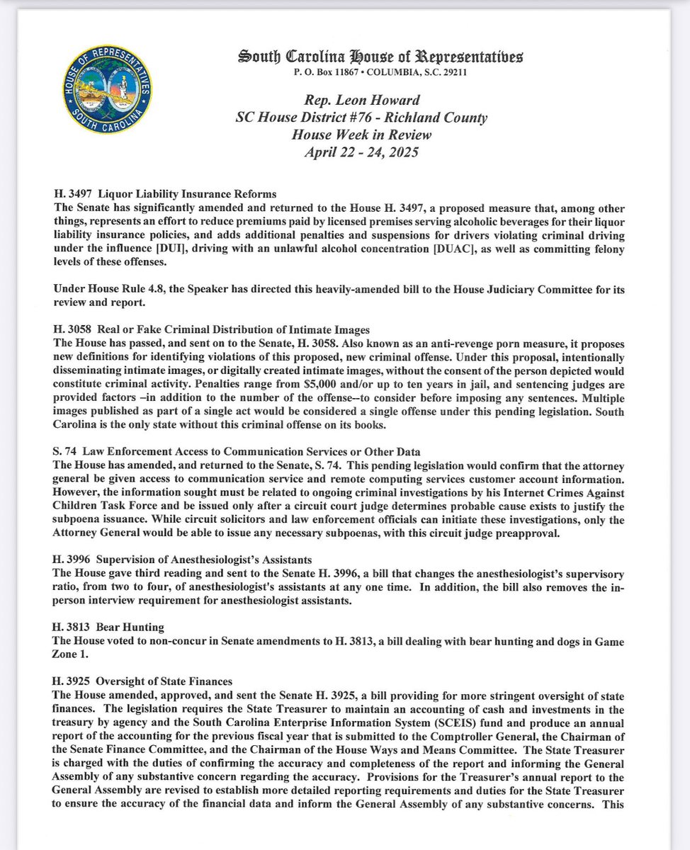 SC House Representative Leon Howard District 76 tweet media