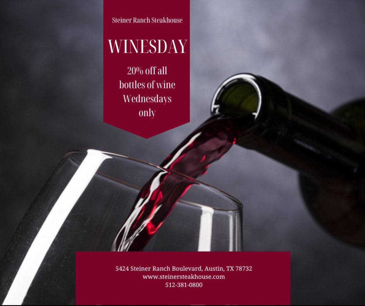 Introducing, WINESDAYS! 20% ALL bottles of wine on Wednesdays! Welcome to the new work week, where WINESDAYS, are mandatory! #atxfood #austinfood #winedrinker #atx #austintx #austineats #atxeats #steakhouse #atxfoodie #austinfoodie