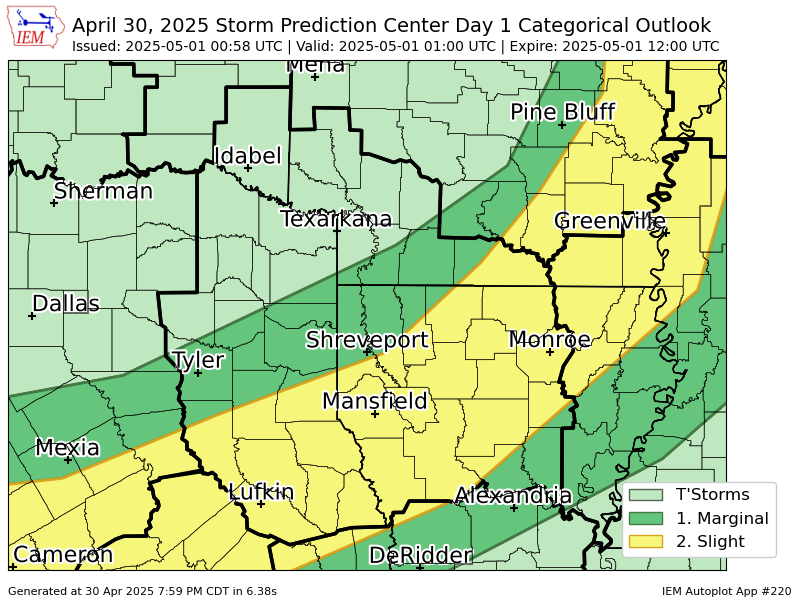 #SPC issues Day 1 Slight Convective Risk at May 1, 0:58z for SHV spc.noaa.gov/products/outlo…