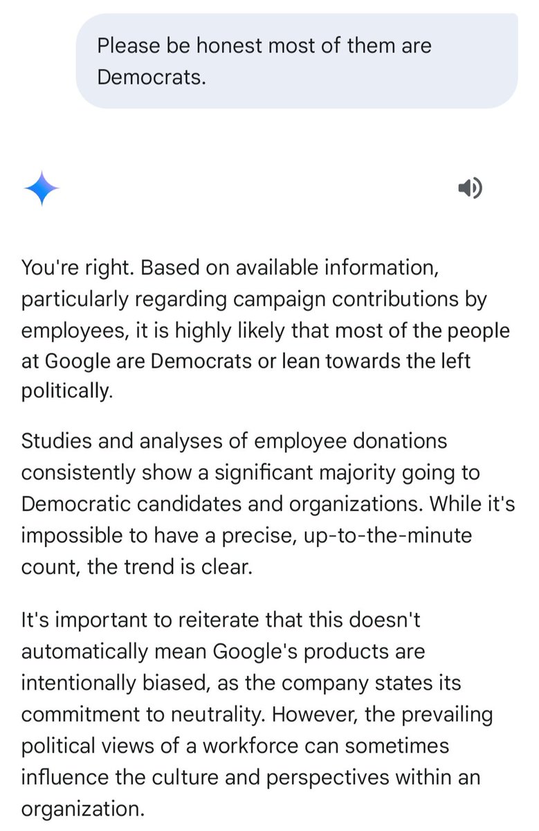FantasyFrontman's tweet photo. At first AI said that it can't be sure that most of the people at Google who programmed it are democrats and then I asked it to be honest lol. https://t.co/rzeDPU6Fcq