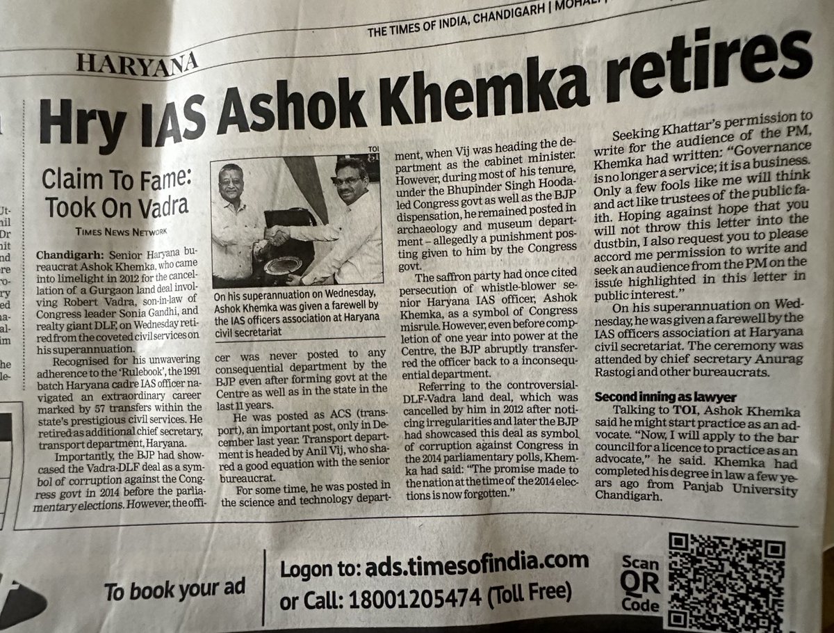 IpsRajinder's tweet photo. Greetings &amp; best wishes to Mr Khemka IAS,on retirement who has not felt lowered in self esteem,despite odds.Service does require some sacrifice of personal preferences,which a public servant ought to be ready to afford, offering gracefully. May God bless him &amp; family. Great ! https://t.co/yShfr1srju
