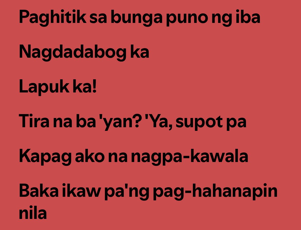 Hera π (@hera080816) on Twitter photo And its you again. Talagang when it comes to twisting narratives and context number 1 ka no <a href="/angkolnawat/">guess who else got a love letter? ur next.</a>
Dagdagan natin yung line para naman mas malinaw.
The term βsupotβ sa lyrics is used to describe yung mga βtiraβ or jabs ng haters against them. In this context, ibig And its you again. Talagang when it comes to twisting narratives and context number 1 ka no <a href="/angkolnawat/">guess who else got a love letter? ur next.</a>
Dagdagan natin yung line para naman mas malinaw.
The term βsupotβ sa lyrics is used to describe yung mga βtiraβ or jabs ng haters against them. In this context, ibig