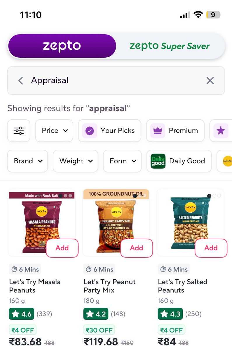 Brands are so good at moment marketing. When you search “appraisal” on <a href="/ZeptoNow/">Zepto</a> you find peanuts! That’s crazy, no???