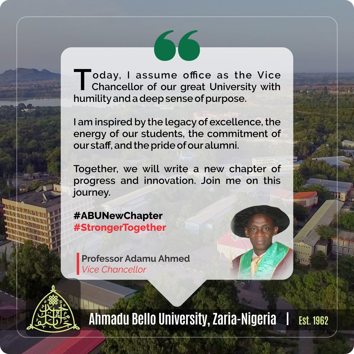 Directorate of University Advancement, ABU Zaria (@abuzaria_dua) on Twitter photo As you take the reins of leadership at Ahmadu Bello University, we wish you wisdom, strength, and vision to drive our institution forward. May your tenure be marked by innovation, excellence, and a commitment to academic freedom. <a href="/ABU_Campus/">ABU Campus Connect </a> <a href="/TheAbusite/">The Abusites™</a> <a href="/ABUSRC_media/">ABUSRC Media</a> As you take the reins of leadership at Ahmadu Bello University, we wish you wisdom, strength, and vision to drive our institution forward. May your tenure be marked by innovation, excellence, and a commitment to academic freedom. <a href="/ABU_Campus/">ABU Campus Connect </a> <a href="/TheAbusite/">The Abusites™</a> <a href="/ABUSRC_media/">ABUSRC Media</a>