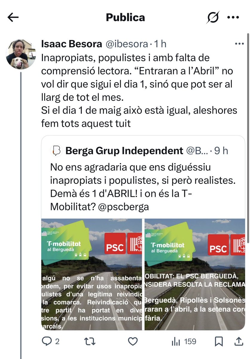 Ja pots fer el tuit <a href="/ibesora/">Isaac Besora</a> . De fet seguint aquest gran consell: “FEM TOTS EL TUIT” per la T-Mobilitat. 
#govern <a href="/T_mobilitat/">T-mobilitat</a> #transportpúblic <a href="/BergaGrupIndepe/">Berga Grup Independent</a> <a href="/socialistes_cat/">Socialistes PSC/❤</a>