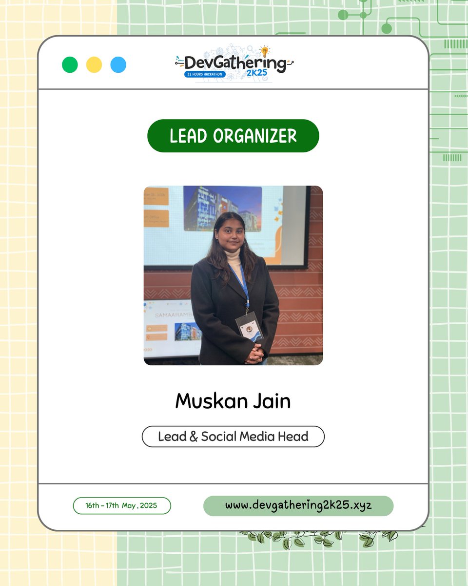 MlsaMiet's tweet photo. Meet the Lead Organizers!
🔥💡 Leading with Strategy
Muskan Jain drives the community with her passion for digital engagement, ensures that DevGathering 2K25 reaches its audience.
📌 Register now: https://t.co/Ees29P5Ih3
#DevGathering2K25 #LeadOrganizer #mlsamiet #community https://t.co/fFCVWDV2sy