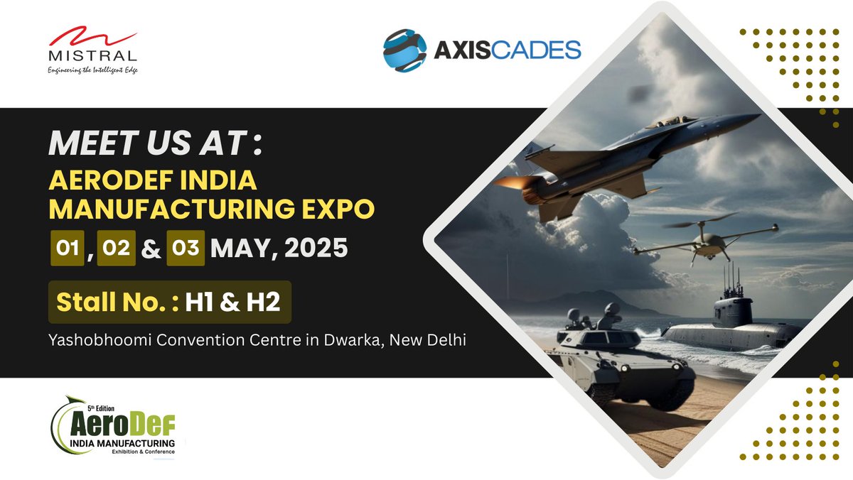 AXISCADES (@axiscades) on Twitter photo We are Live at the 5th edition of <a href="/AeroDefIndia/">AeroDef India</a> Manufacturing Expo—the premier event for innovation in aerospace and defense manufacturing!
Join us from 1st to 3rd May 2025 at Booths H2 & H3.
Meet our team to discover our manufacturing infrastructure, our growing partner We are Live at the 5th edition of <a href="/AeroDefIndia/">AeroDef India</a> Manufacturing Expo—the premier event for innovation in aerospace and defense manufacturing!
Join us from 1st to 3rd May 2025 at Booths H2 & H3.
Meet our team to discover our manufacturing infrastructure, our growing partner