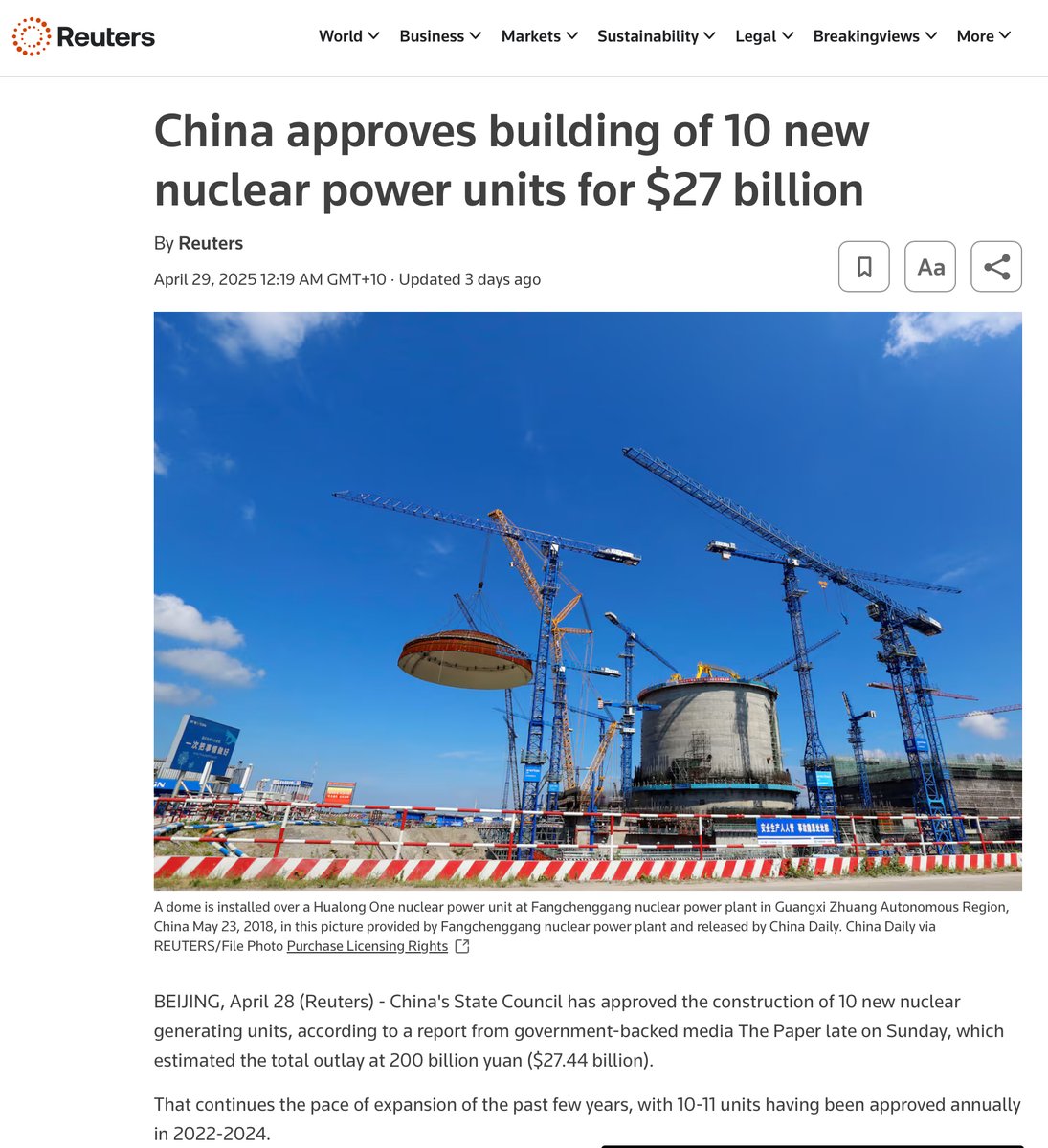 craigkellyAFEE's tweet image. THE ABC IS CENSORING THIS 

BEIJING, April 28 (Reuters) - China's State Council has approved the construction of 10 new nuclear generating units, according to a report from government-backed media The Paper late on Sunday, which estimated the total outlay at 200 billion yuan…