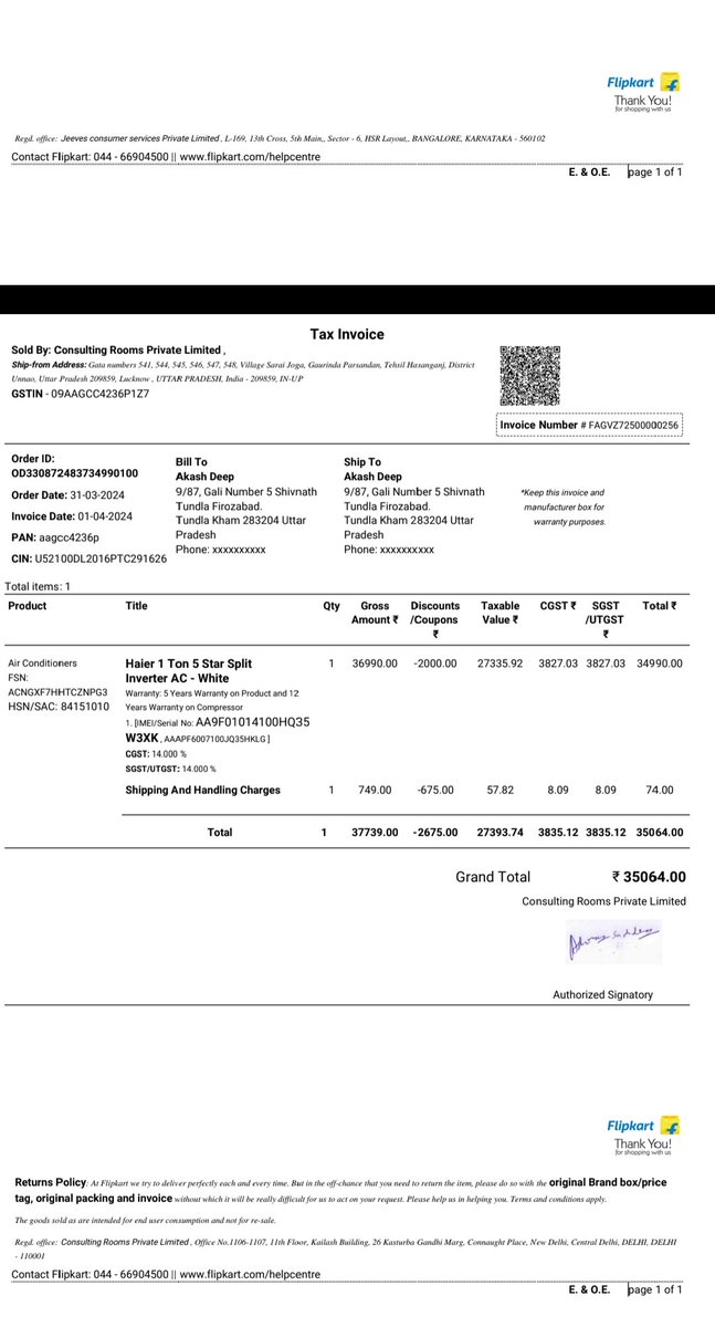 Akashdeepupadh5's tweet photo. @IndiaHaier  Regarding Complaint not resolved.
Very Poor Service. 
Dear Haier india customer support 
Plz take necessary action and resolve my problem. My complaint was filed on 22 April 25. 
Attachment: payment receipt and bill https://t.co/KLZpQSrwHE