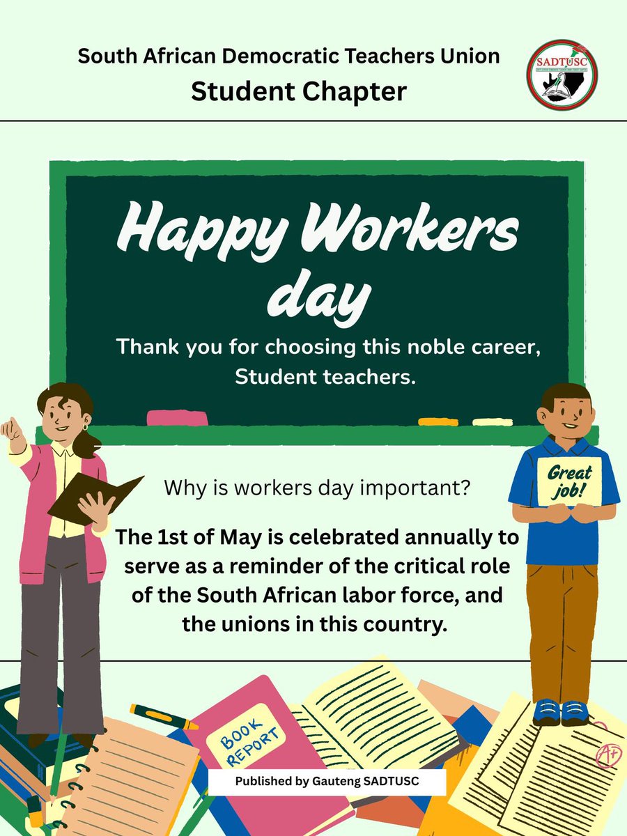 gpsadtusc's tweet image. This Workers’ Day, we honour the hands that build the future — student teachers included. Gauteng SADTUSC stands in solidarity with all workers, fighting for dignity, fair labour practices, and a transformed education system
#MayDay2025