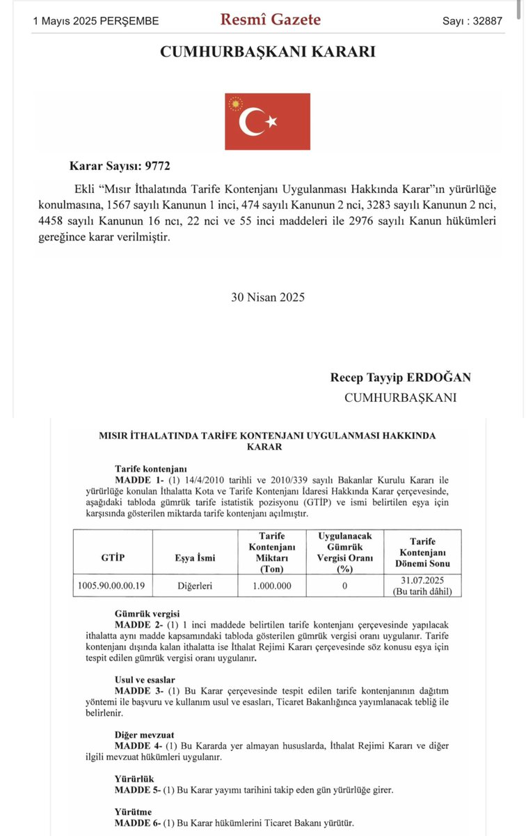 tarimyazari's tweet photo. Kapılar sonuna kadar açıldı,sıfır gümrükle 1 milyon ton mısır ithal edilecek.

- Resmi Gazete’de yayımlanan Cumhurbaşkanı Kararı ile 1 milyon ton mısır ithalatı için tarife kontenjanı açıldı. Karar kapsamında  1 Mayıs 2025’ten 31 Temmuz 2025’e kadar 1 milyon ton mısır yüzde 130 yerine  sıfır gümrükle ithal edilecek.

- Son 7 ayda 3 milyon ton mısır ithalatı için tarife kontenjanı açıldı.  Çiftçi mısırını hasat ederken de ithalat yapılacak.

- Cumhurbaşkanı kararı ile verilen  ithalat izinleri:
✅ 10 Ekim 2024’ten 31 Aralık 2024’e kadar 1 milyon ton mısır ithalatına yüzde 5 gümrük vergisi ile izin verildi.

✅ 19 Mart 2025’ten 30 Haziran 2025’e kadar yüzde 5 gümrük vergisi ile 1 milyon ton mısır ithalatına izin verildi.

✅ 1 Mayıs 2025’ten 31 Temmuz 2025’e kadar bu kez sıfır gümrükle 1 milyon ton mısır için ithalat izni çıktı.