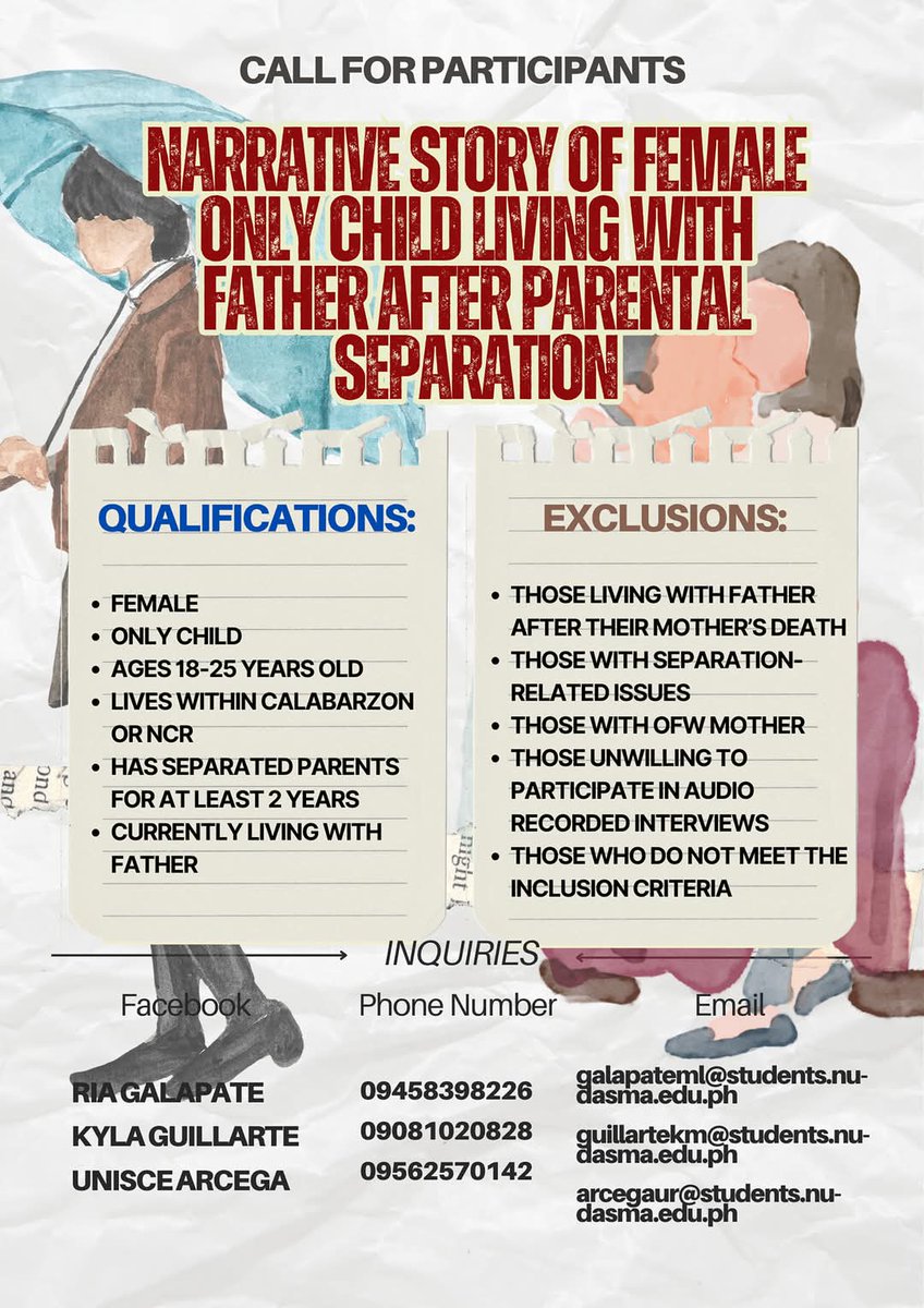 W8NEXU's tweet photo. ‼️LOOKING FOR PARTICIPANTS ‼️

Hello! We are 3rd year Psych Students from NU-Dasma, and we are looking for Female Only Child with Separated Parents and Currently Living with their Father.

If you are interested, kindly fill up the form. Thank you much!+

https://t.co/ePG510S1nP https://t.co/bezKSaTIAB