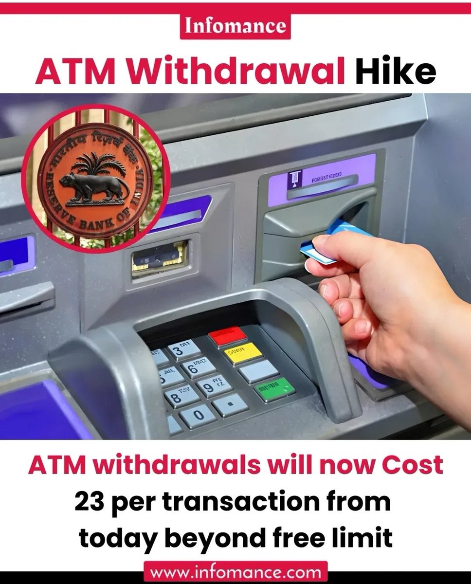 Shivam_Author's tweet image. "इस पर दो शब्द जरूर कहिए"....
आज से आपकी जेब पर पड़ने वाले बाहर में इजाफा होने जा रहा है। अब लिमिटेड ट्रांसेक्शन के बाद आपको ATM से पैसे निकालने पर देना होगा 23₹ प्रति ट्रांसिक्शन। 
#ATMTransaction
#LabourDay 
#CasteCensus