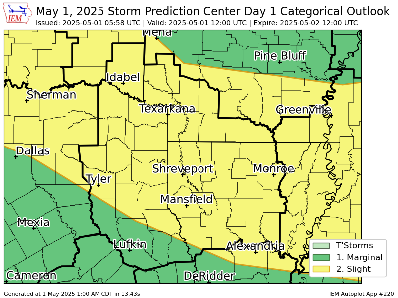 #SPC issues Day 1 Slight Convective Risk at May 1, 5:58z for SHV spc.noaa.gov/products/outlo…