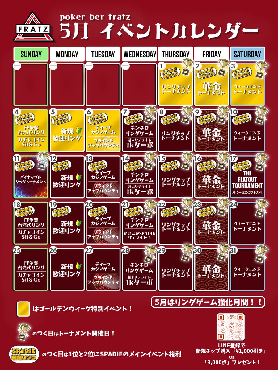 Fratz_Poker's tweet photo. 5月のFratzは...
【リングゲーム強化月間!🔥】
--------------------
◇大会当日まで毎日🔥 SPADIE純増リングゲーム
・毎日通常開催しているリングゲームの純増1位と2位にSPADIEメインの権利1枠が貰える超絶太っ腹リング
¥2,000で飲み放題付き、大型大会も目指せるお店他にありますか!?
今期SPADIEは5.22〜開催!
--------------------
◇1日〜6日までゴールデンウィーク期間!
・来店ボーナスやビンゴ、純増ランキングなどのキャンペーン盛りだくさんです!!
--------------------
◇11日 なんと今月のタッグトーナメントは
・「パイナップルタッグ🔥」
より強いハンドが出てくることが多い分、ブラフもしやすいかもしれない?🧐
--------------------
◇17日 Fratzで開催する月に1度の1Dayハウストーナメント!
・ディープかつロングストラクチャーで、大型大会に向けた練習にももってこいのトーナメント!
プライズも通常トナメよりかなり良くなっています!!