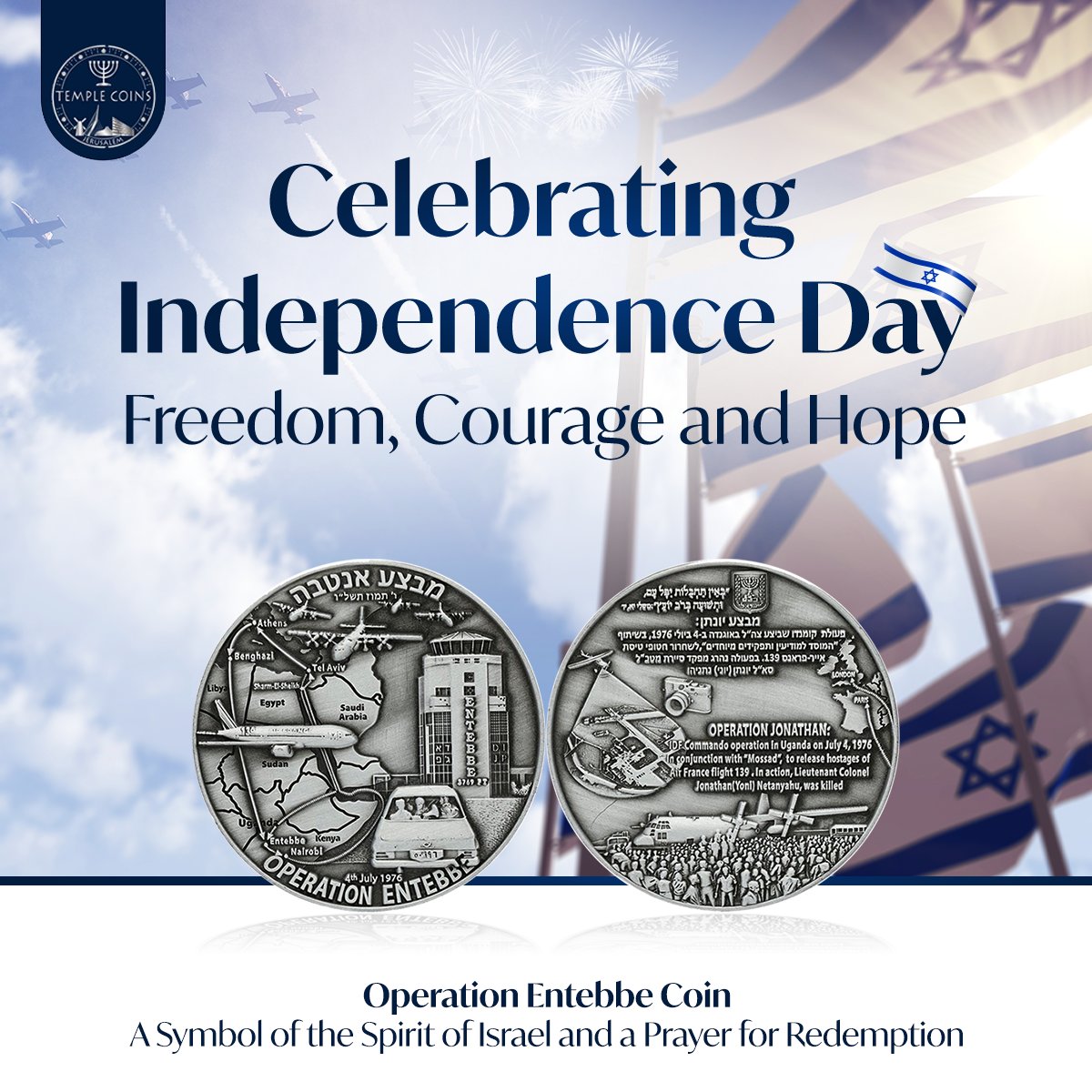 templecoins's tweet photo. Independence Day - 77 Years of the State of Israel 💙🤍💙

This Independence Day, we celebrate the miracle of Israel’s 77 years of freedom, strength, and unbreakable spirit.
In this time of joy, we also remember the heroes of the past who shaped our national resilience.

The Operation Entebbe Coin commemorates one of Israel’s most daring missions - a powerful reminder of our people’s courage to act, protect, and bring our loved ones home.

As we wave the flag with pride and sing in celebration, we carry deep prayers for the safe return of today’s hostages🎗️.

This coin is more than history - it’s a symbol of unity, hope, and the unyielding Israeli spirit.
Celebrate Independence. Stand with Hope. Honor the Brave.

👉 https://t.co/6yVuqiq51G
