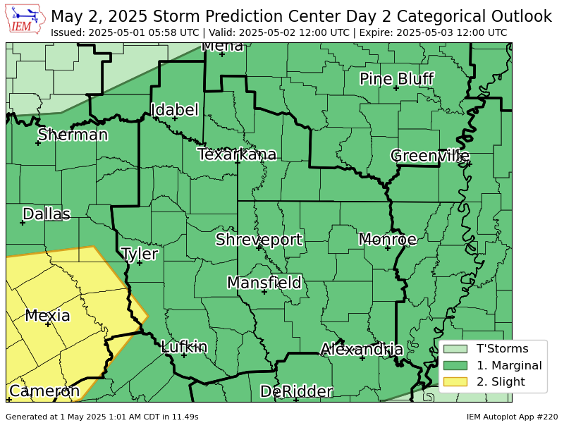 #SPC issues Day 2 Slight Convective Risk at May 1, 5:58z for SHV spc.noaa.gov/products/outlo…
