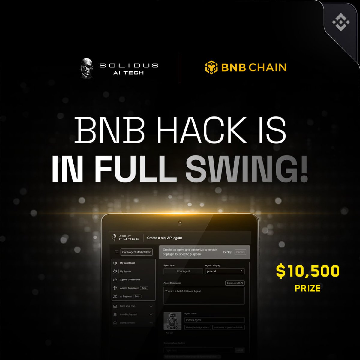 AITECHio's tweet photo. ✨ BNB AI Hack Is in Full Swing!

Builders are already deploying AI agents on Agent Forge as part of the BNB AI Hack on @BNBChain, from analytics and automation to market prediction, we’re seeing serious innovation.

Total prize pool: $10,500

→ Deploy it on Agent Forge: https://t.co/af5L9JDaNQ
→ Submit it via the form: https://t.co/n9iFcOxcNi