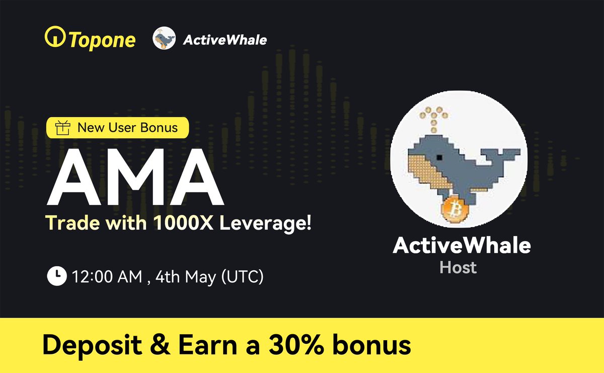 Topone_Exchange's tweet photo. Topone x ActiveWhale AMA Announcement!
 Host: ActiveWhale
 Date: May 4th
 Time: 12:00 AM - 13:00 PM (UTC+0)
 Platforms:
 X (Twitter): @Topone_Exchange @ResBnb
 Telegram: @Topone_Official
#Topone #ActiveWhale #1000XLeverage #TradingAMA #FuturesTrading #Web3 https://t.co/pSanFNhbX0