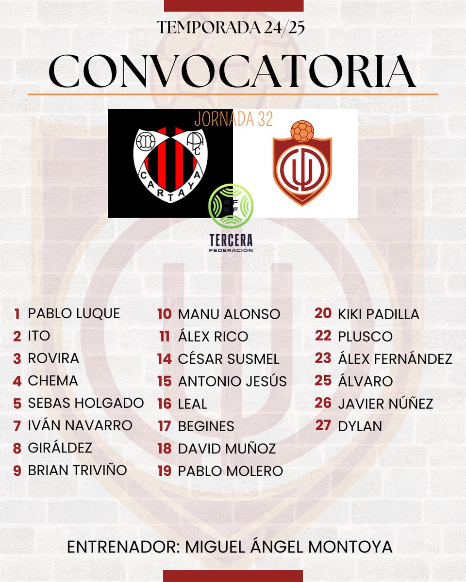 UTRERACD's tweet photo. ๐ | ๐๐๐๐๐๐๐๐๐๐๐๐
๐๐ผ ยกEsta es la lista de convocados para el partido de hoy!
#FielesATi | #ADCartayaCDUtrera https://t.co/FRvnMjrkHU