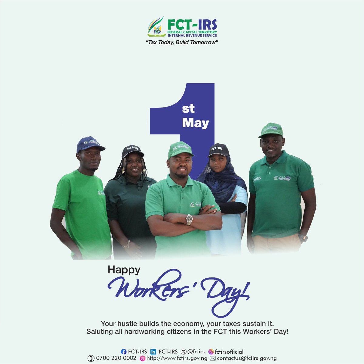 Saluting all hardworking citizens in the FCT this Workers’ Day especially the dedicated FCT-IRS team!

Happy Worker's Day!

#workersdsy2025
#fctirsteam
#TaxTodayBuildTomorrow
