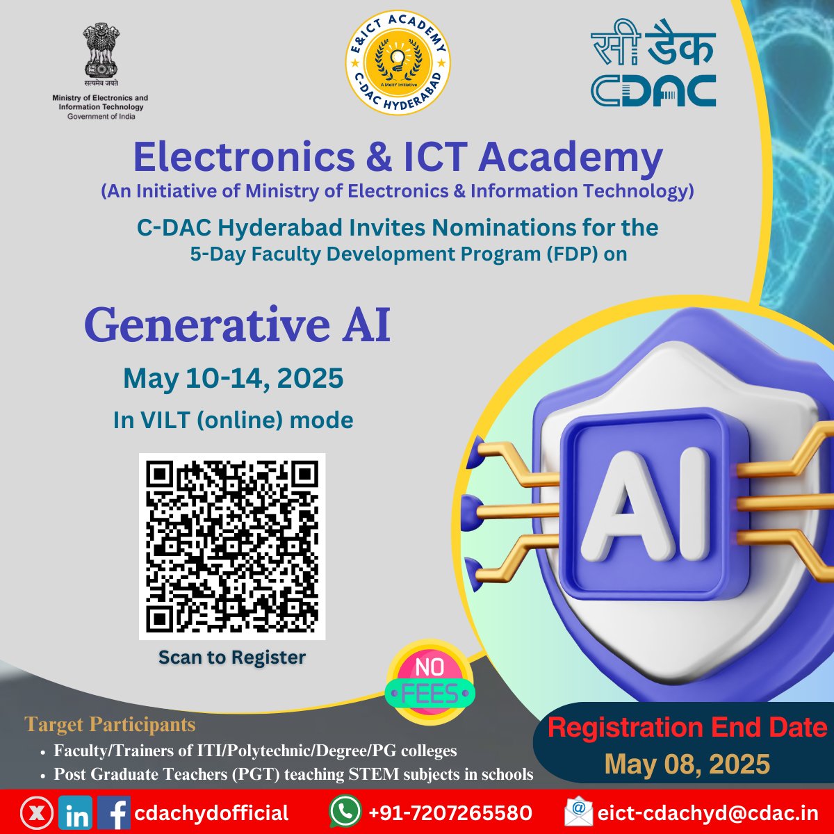 C-DAC India (@cdacindia) on Twitter photo 📢 Faculty Nomination Open!
Join the 5-day FDP on Generative AI conducted by the Electronics & ICT Academy at <a href="/cdacindia/">C-DAC India</a>, Hyderabad, and supported by <a href="/GoI_MeitY/">Ministry of Electronics & IT</a>
📅 May 10-14, 2025 | 🖥️ VILT Mode
💡Topics: NLP, LLMs, Fine-Tuning, Prompt Engineering, RAG & more!
🗓️ Register by May 📢 Faculty Nomination Open!
Join the 5-day FDP on Generative AI conducted by the Electronics & ICT Academy at <a href="/cdacindia/">C-DAC India</a>, Hyderabad, and supported by <a href="/GoI_MeitY/">Ministry of Electronics & IT</a>
📅 May 10-14, 2025 | 🖥️ VILT Mode
💡Topics: NLP, LLMs, Fine-Tuning, Prompt Engineering, RAG & more!
🗓️ Register by May