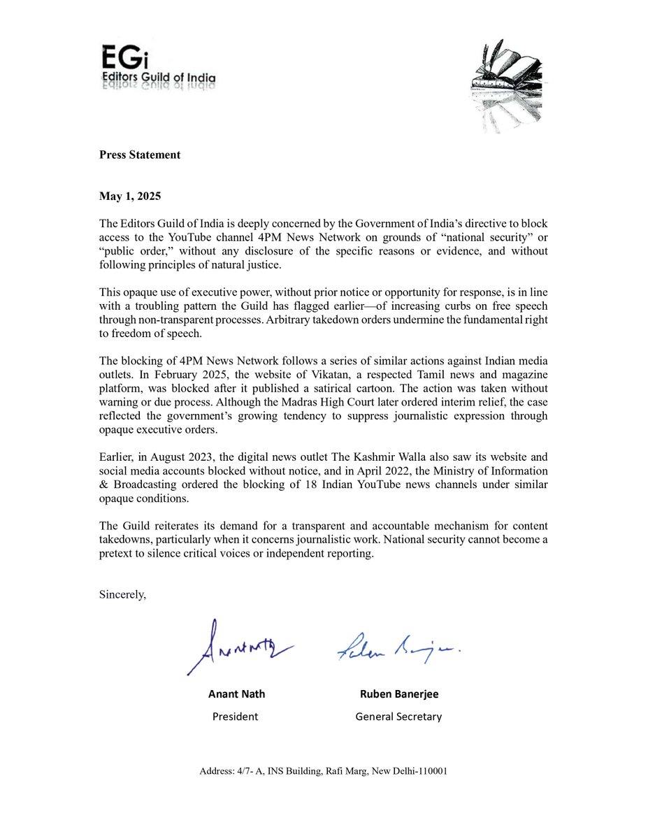 EGI Statement on the Blocking of 4PM News Network YouTube Channel