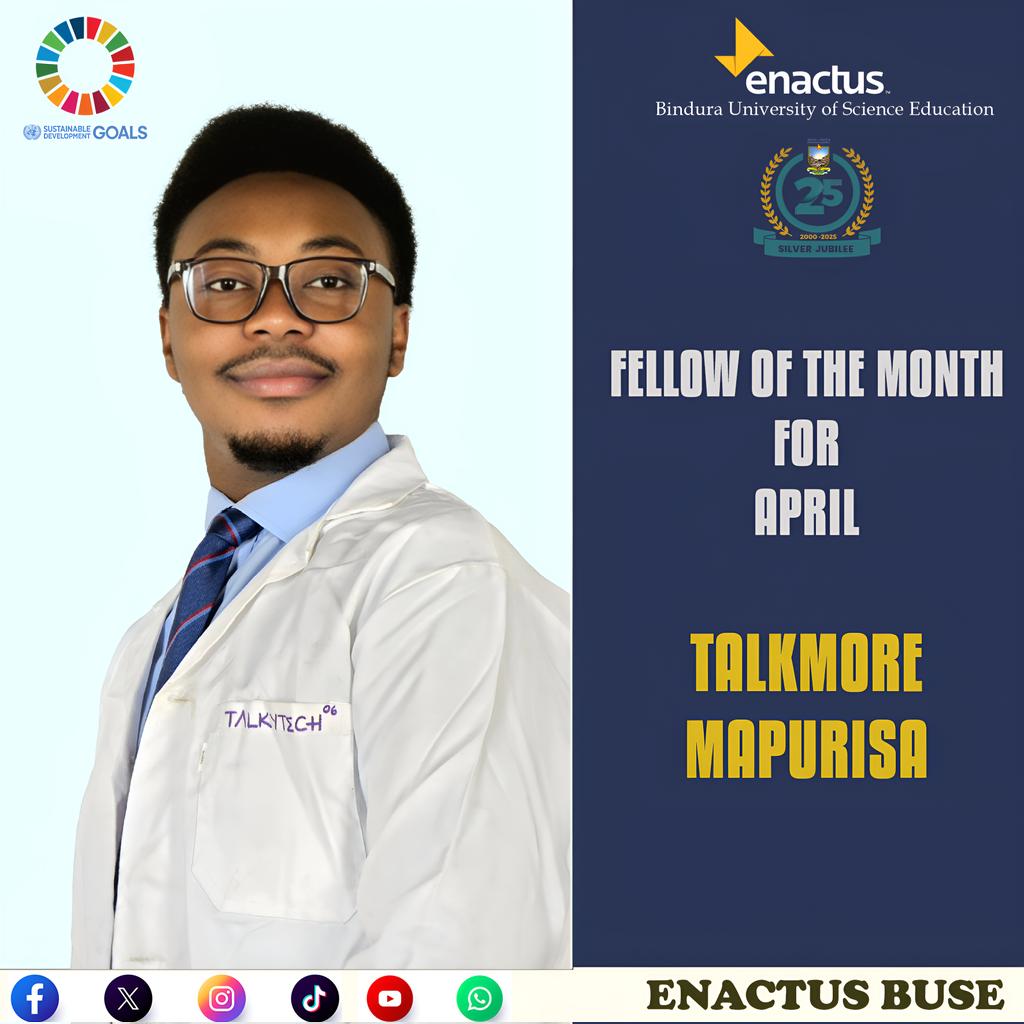Kudos to the stars! 🌟 Talkmore Mapurisa shines bright as our April EnactusBUSE Fellow of the Month! 🔥💪 His unstoppable passion and determination are lighting up the way for others! 💫✨ Keep shining! 🎉 

#EnactusBUSE❤️ #FellowOfTheMonth💯
#Leadership