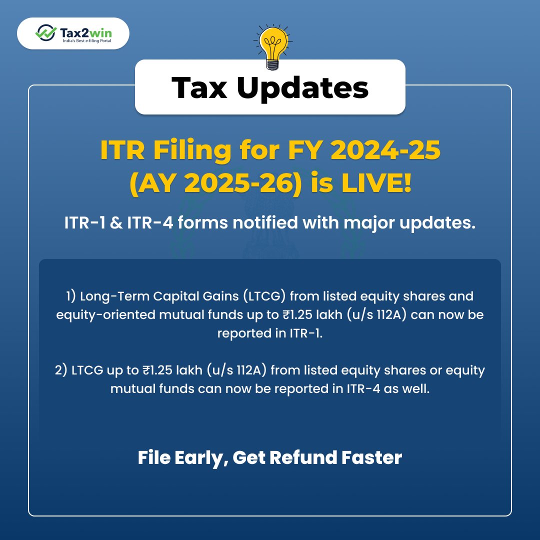 🚨 ITR Filing for FY 2024-25 is now LIVE! 

Big updates for investors 
You can now report LTCG up to ₹1.25 lakh from equity shares &amp; mutual funds in ITR-1 and ITR-4. 

File early, get your refund faster! 

File now with Tax2win: tax2win.biz/csc/login
<a href="/CSCegov_/">CSCeGov</a>
<a href="/INCOMETAXDEPAR1/">INCOME TAX DEPARTMENT</a>