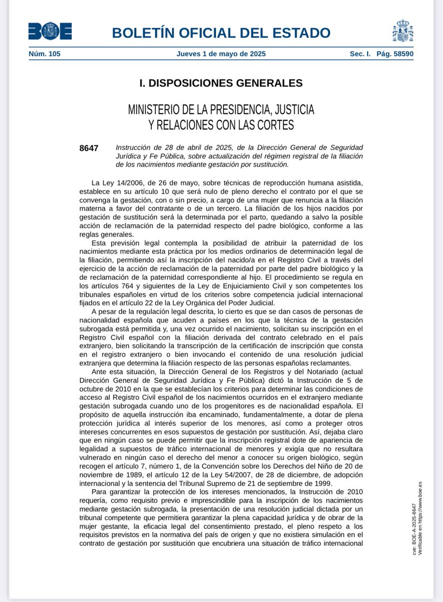El BOE publica hoy la instrucción que refuerza la prohibición de los vientres de alquiler. 

Se cumple así la jurisprudencia del Tribunal Supremo y el Tribunal Europeo de Derechos Humanos en defensa de mujeres y menores.

boe.es/boe/dias/2025/…