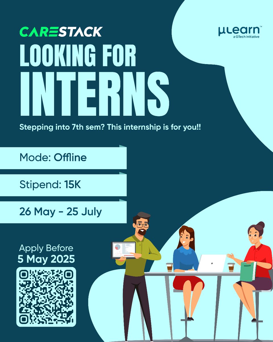 mulearnofficial's tweet photo. Looking for an internship before final year?
💫 Carestack’s got you!
📍 Trivandrum | 👩‍💻 Offline
💰 ₹15,000 | 🗓 May 26 – July 25
📌 7th sem students only
⏳ Apply by: May 5
🔗 https://t.co/WqlWZ5VxG6

#InternshipAlert #Carestack #μLearn https://t.co/AmX1BvbCmn