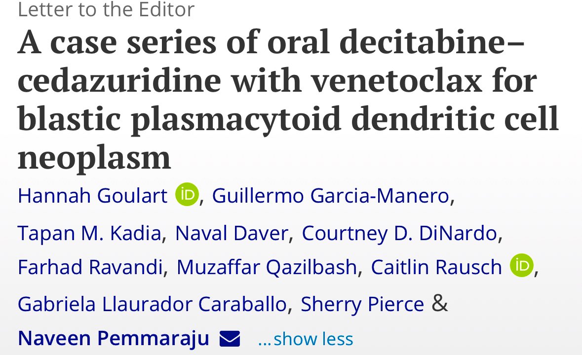 Naveen Pemmaraju, MD (@doctorpemm) on Twitter photo 👉👉👉Delighted to share our brand new original report 🚨 led by our Dr <a href="/HannahGoulart/">Hannah Goulart</a> & <a href="/doctorpemm/">Naveen Pemmaraju, MD</a> ➡️oral DAC+VEN for #BPDCN || <a href="/MDAndersonNews/">MD Anderson Cancer Center</a> #endcancer
tandfonline.com/doi/full/10.10… 👉👉👉Delighted to share our brand new original report 🚨 led by our Dr <a href="/HannahGoulart/">Hannah Goulart</a> & <a href="/doctorpemm/">Naveen Pemmaraju, MD</a> ➡️oral DAC+VEN for #BPDCN || <a href="/MDAndersonNews/">MD Anderson Cancer Center</a> #endcancer
tandfonline.com/doi/full/10.10…