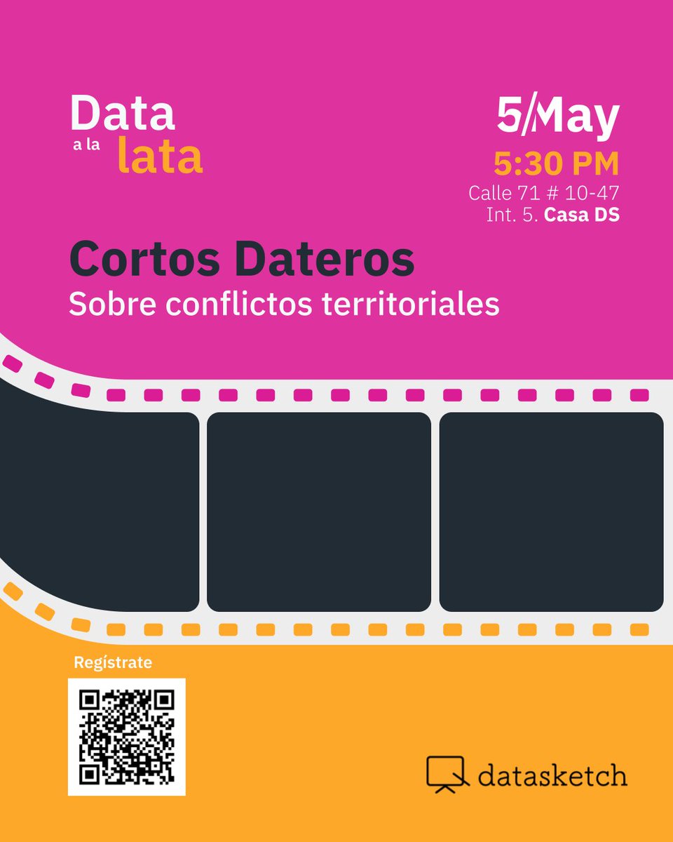 ¿Cómo comunicar conflictos territoriales desde los datos?  En #DataALaLata proyectaremos cortometrajes que convierten datos en narrativas visuales potentes. Disputas por el suelo, el agua o los límites se vuelven visibles y cercanas. Regístrate bit.ly/44kd23m