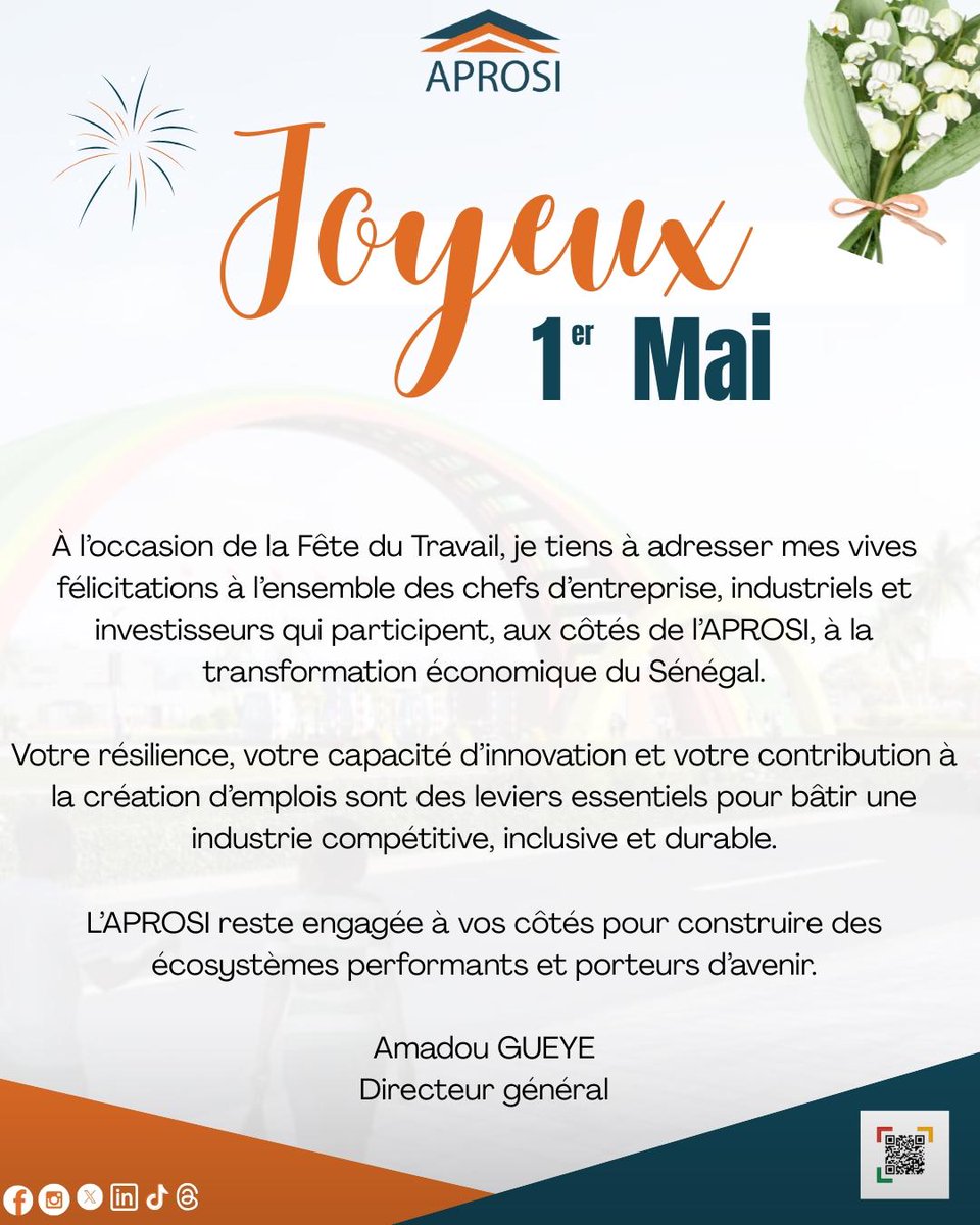 En ce 1er mai, l’APROSI salue ses collaborateurs et ses partenaires industriels.
À toutes les forces vives qui œuvrent pour une industrie sénégalaise plus compétitive et durable : merci.
#1erMai #FêteduTravail #APROSIFor2050 #IndustrieSénégalaise #Sénégal2050