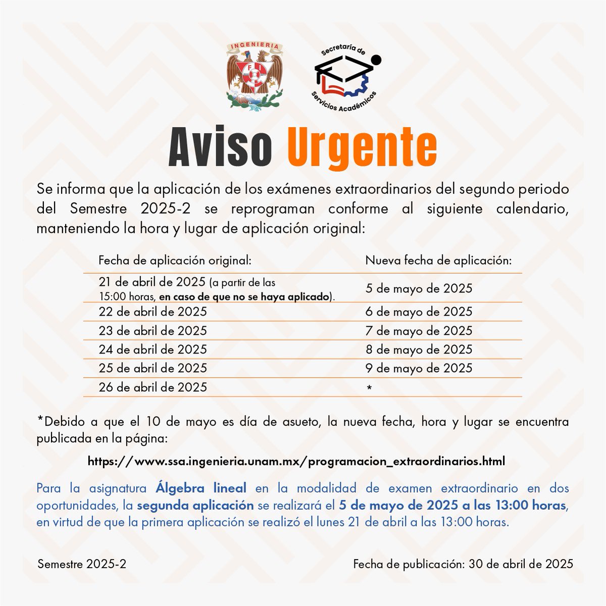 Ingeniería UNAM (@fiunam_mx) on Twitter photo En cumplimiento con los acuerdos de las mesas de diálogo, te compartimos el nuevo calendario de exámenes extraordinarios del segundo periodo del Semestre 2025-2.
<a href="/die_fi_unam/">División de Ingeniería Eléctrica</a> <a href="/DICT_FIUNAM/">División de Ingeniería en Ciencias de la Tierra</a> <a href="/dicyg/">DICyG - FI</a> <a href="/DIMEIFIUNAM/">DIMEIFIUNAM</a> <a href="/uatUnam/">Unidad de Alta Tecnología</a> <a href="/SocialesyHum_FI/">DCSyH FI UNAM</a> En cumplimiento con los acuerdos de las mesas de diálogo, te compartimos el nuevo calendario de exámenes extraordinarios del segundo periodo del Semestre 2025-2.
<a href="/die_fi_unam/">División de Ingeniería Eléctrica</a> <a href="/DICT_FIUNAM/">División de Ingeniería en Ciencias de la Tierra</a> <a href="/dicyg/">DICyG - FI</a> <a href="/DIMEIFIUNAM/">DIMEIFIUNAM</a> <a href="/uatUnam/">Unidad de Alta Tecnología</a> <a href="/SocialesyHum_FI/">DCSyH FI UNAM</a>