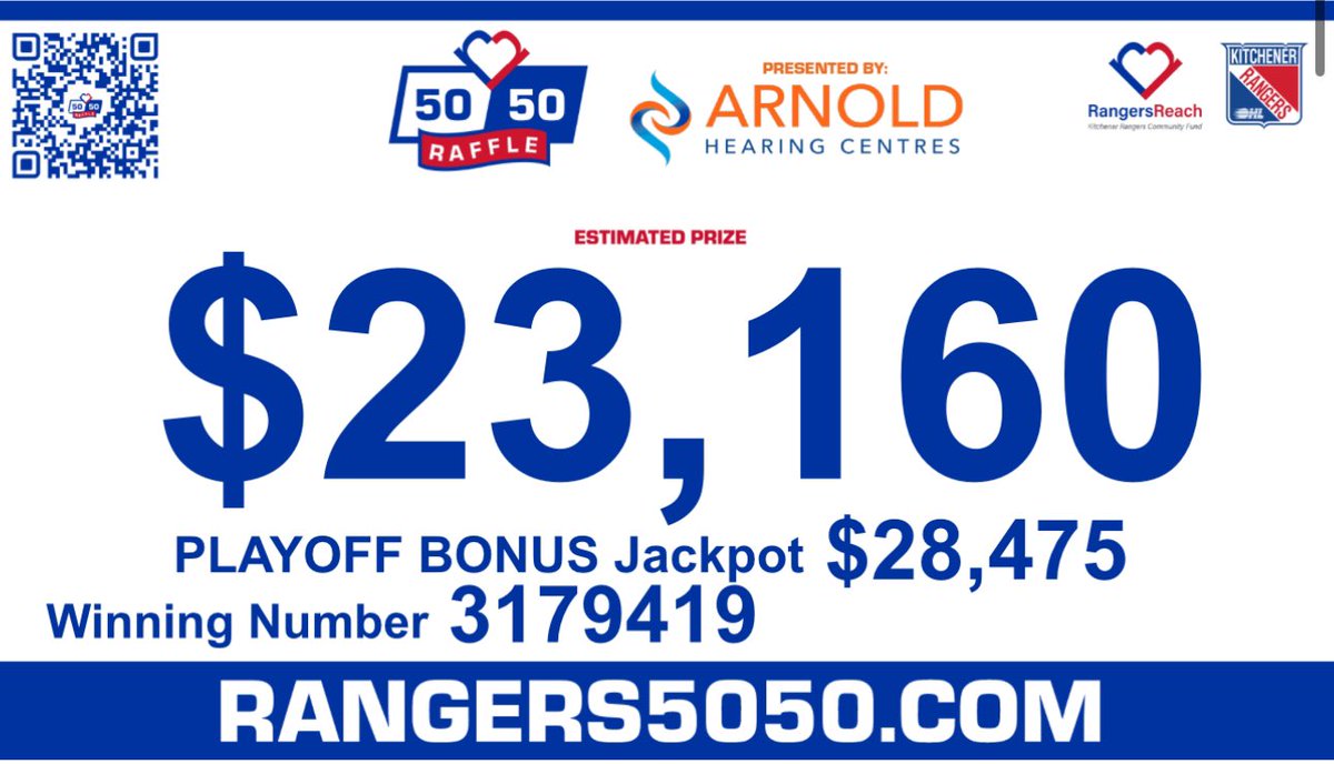 🎉 Congratulations to our 50/50 winners from tonight’s game! 

Check your numbers at Rangers5050.com! 

The #RangersReachWR 50/50 raffle is presented by <a href="/ArnoldHearing/">Arnold Hearing Centres</a>
