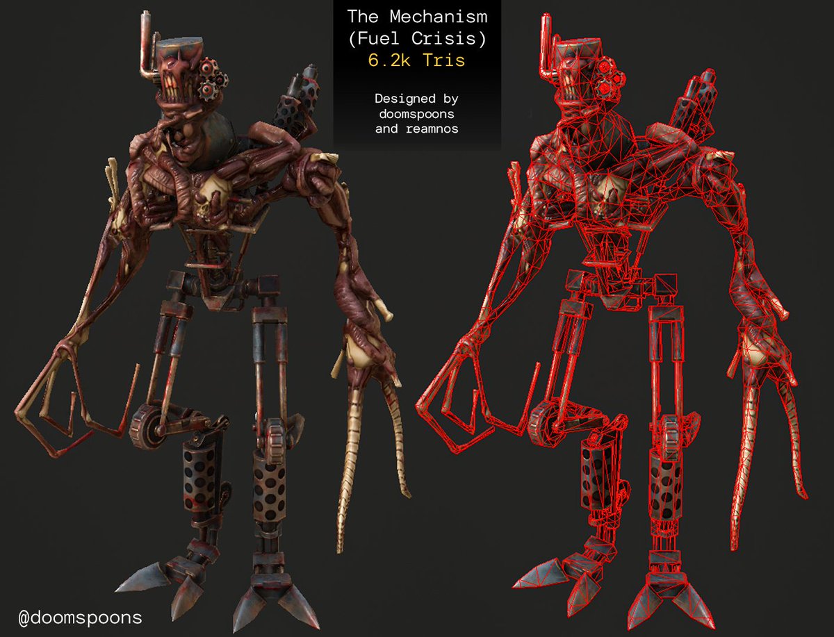 doomspoons's tweet image. I&apos;m hyped to finally show off one of the killers I did for Fuel Crisis. The retopology was a pain trying to compress it under 10k tris *but* I&apos;m super happy with the results. More renders soon.

Roblox is surprisingly robust with PBR stuff

#FuelCrisisRoblox #3dart #robloxdev