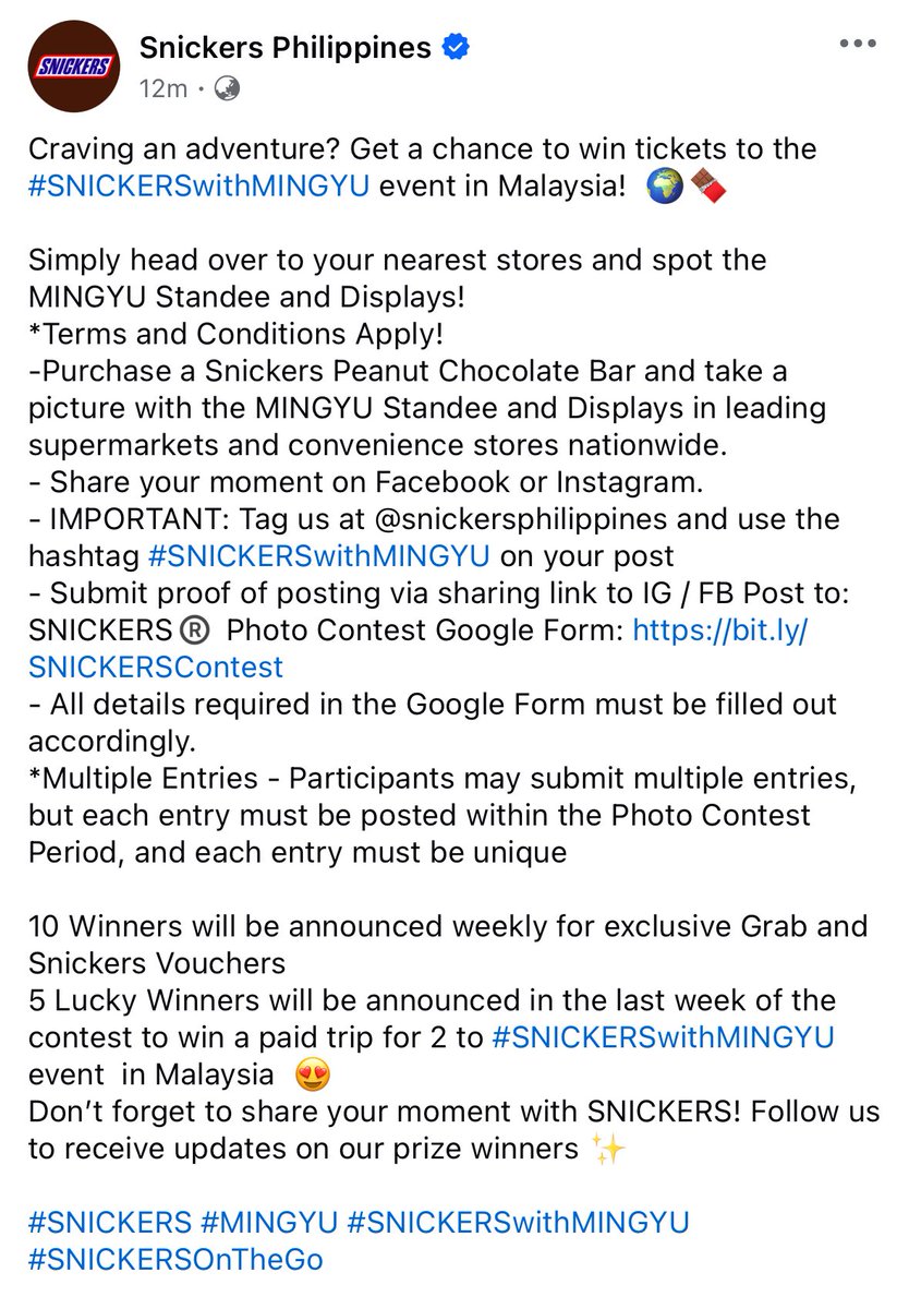 minghaocheol_'s tweet photo. for the snickers event u have to purchase a snickers bar and take a pic w the mingyu standees and displays and tag + submit it to snickers !!!! 

5 lucky winners will win a paid trip for 2 to mingyu's event in malaysia!! https://t.co/6TYAKNHOxU