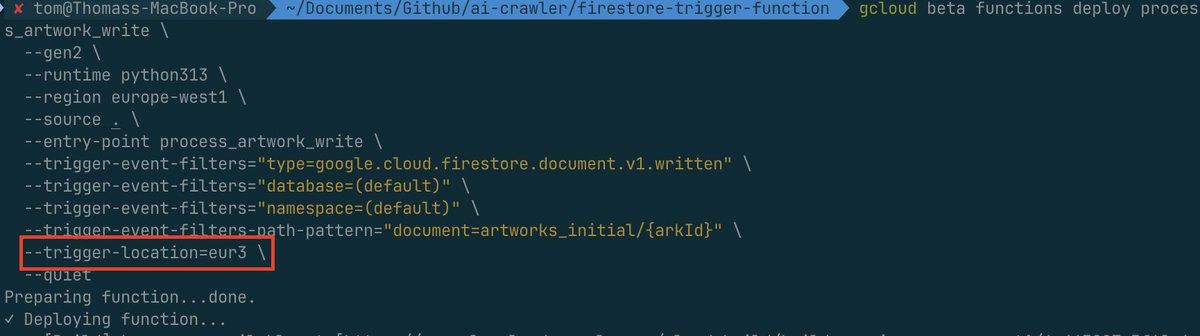 TomPortolano's tweet image. ⚠️Geeking out ahead: 
Another example of me getting stuck for a couple of hours by not reading the docs. When deploying Cloud functions that includes triggers, you need 2 locations: the deployment location and the trigger location.  
#buildinpublic #sideproject @GoogleCloudTech