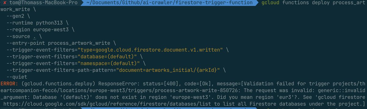 TomPortolano's tweet image. ⚠️Geeking out ahead: 
Another example of me getting stuck for a couple of hours by not reading the docs. When deploying Cloud functions that includes triggers, you need 2 locations: the deployment location and the trigger location.  
#buildinpublic #sideproject @GoogleCloudTech