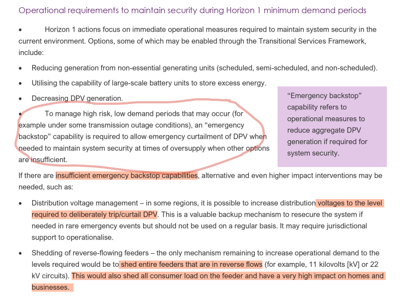 FootnotesGuy's tweet photo. It says this:

We need to be able to SWITCH OFF your solar. (This is called "Emergency Backstop".

If we can't do that we'll TRIP OFF your solar.

If we can't do that we'll BLACK OUT your whole suburb.

This is for 'Horizon 1'. I.e. right now. 4/ https://t.co/tUzRNGKRaQ