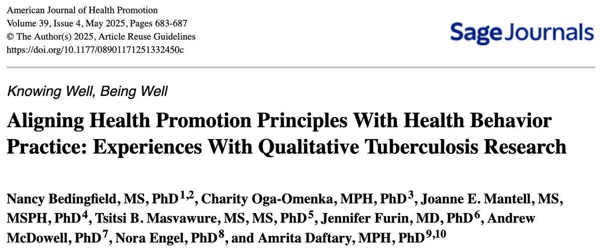 School of Global Health | York University (@yuglobalhealth) on Twitter photo Professor <a href="/DaftaryAmrita/">Amrita Daftary</a> publishes with her postdoctoral scholar, Dr. Nancy Bedingfield, on qualitative perspectives in #TB health promotion research in the American Journal of Health Promotion
journals.sagepub.com/doi/10.1177/08… Professor <a href="/DaftaryAmrita/">Amrita Daftary</a> publishes with her postdoctoral scholar, Dr. Nancy Bedingfield, on qualitative perspectives in #TB health promotion research in the American Journal of Health Promotion
journals.sagepub.com/doi/10.1177/08…