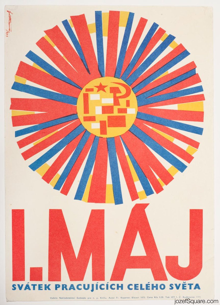 To kick off International Workers' Day, here's a thread of #MayDay posters from around the world.

Let's start with a 1973 May Day poster from Czech artist František Kopenec.