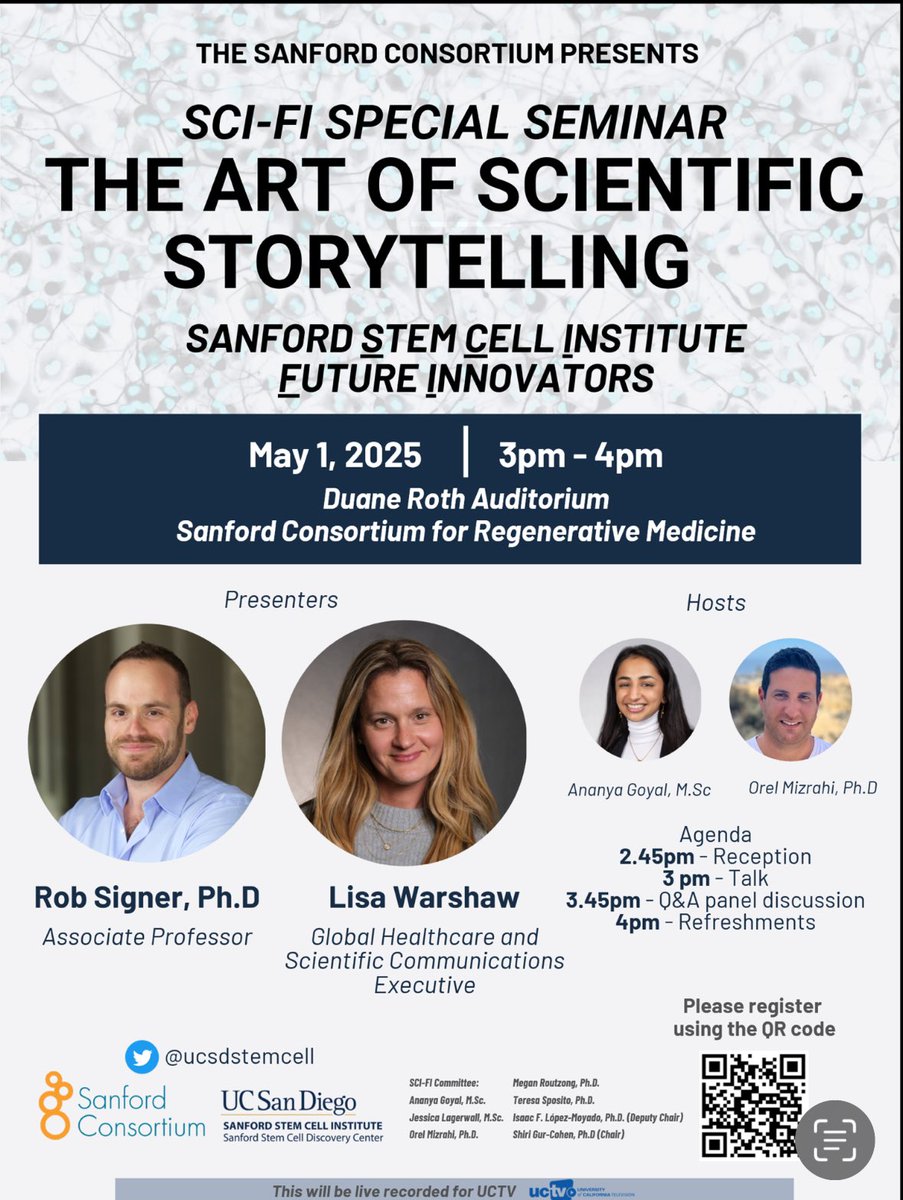 Shiri Gur-Cohen 💔🎗️ (@shirigurcohen) on Twitter photo ⭐️Have you ever found it hard to make complex science irresistibly compelling?⭐️ I’m proud to share that the SCI-FI seminar series is launching a special 3-part event, starting with “The Art of Storytelling”! Join us 🎉
🗓️ May 1st ⏰ 3PM📍SCRM
<a href="/SignerLab/">Robert Signer</a> <a href="/ucsdstemcell/">UCSD Sanford Stem Cell Institute</a> <a href="/lawarshaw/">Lisa Warshaw</a> ⭐️Have you ever found it hard to make complex science irresistibly compelling?⭐️ I’m proud to share that the SCI-FI seminar series is launching a special 3-part event, starting with “The Art of Storytelling”! Join us 🎉
🗓️ May 1st ⏰ 3PM📍SCRM
<a href="/SignerLab/">Robert Signer</a> <a href="/ucsdstemcell/">UCSD Sanford Stem Cell Institute</a> <a href="/lawarshaw/">Lisa Warshaw</a>