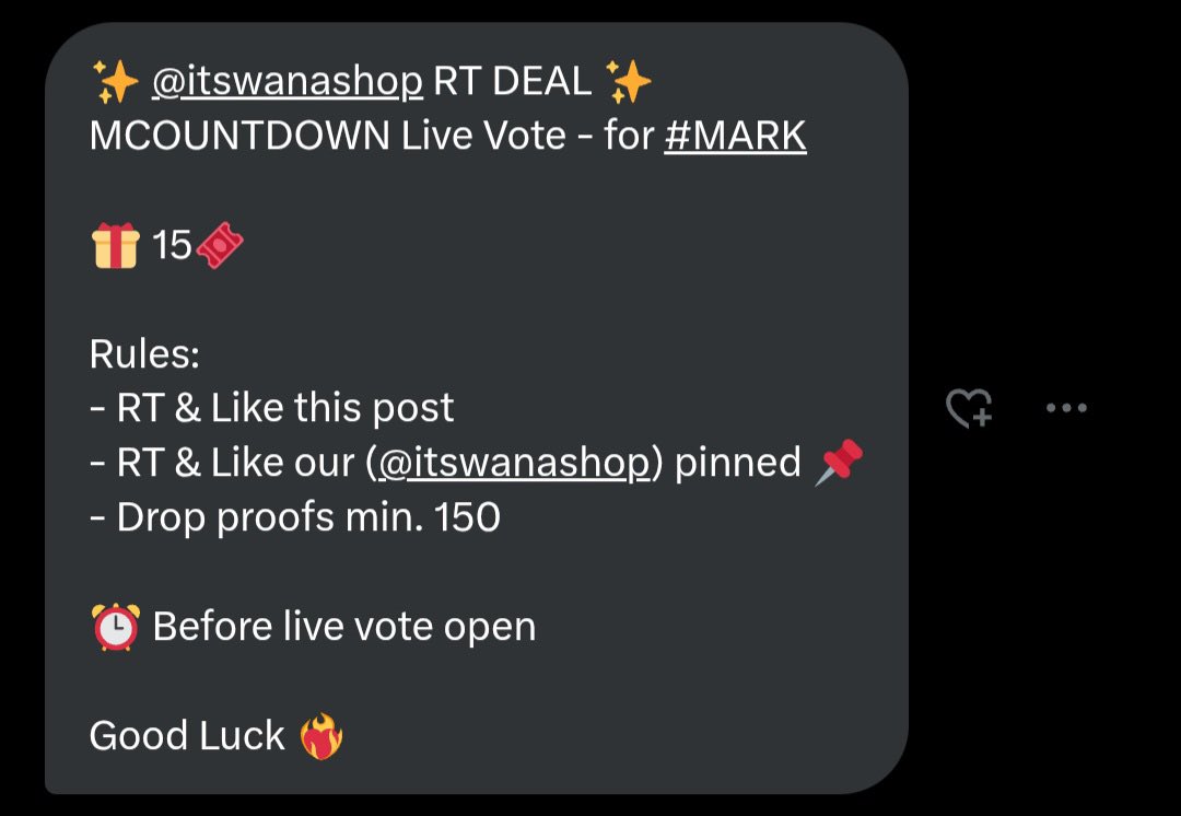 saa #1st๐ซ (@markiewakey) on Twitter photo โจ <a href="/itswanashop/">Wanashop WTS M Countdown</a> RT DEAL โจ
MCOUNTDOWN Live Vote - for #MARK
๐ 15๐๏ธ
Rules:
- RT & Like this post
- RT & Like our (<a href="/itswanashop/">Wanashop WTS M Countdown</a>) pinned ๐
- Drop proofs min. 150
โฐ Before live vote open
Good Luck โค๏ธโ๐ฅ โจ <a href="/itswanashop/">Wanashop WTS M Countdown</a> RT DEAL โจ
MCOUNTDOWN Live Vote - for #MARK
๐ 15๐๏ธ
Rules:
- RT & Like this post
- RT & Like our (<a href="/itswanashop/">Wanashop WTS M Countdown</a>) pinned ๐
- Drop proofs min. 150
โฐ Before live vote open
Good Luck โค๏ธโ๐ฅ