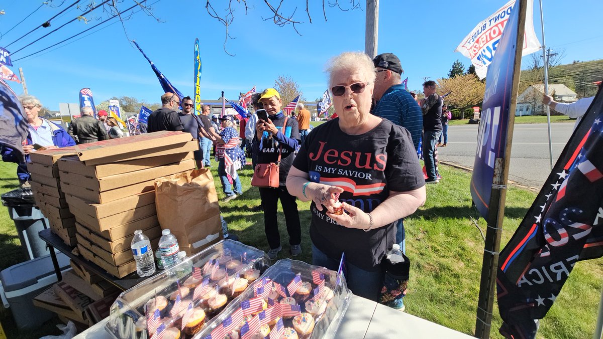 Hundreds of patriots attended the Trump rally to celebrate 100 days in the office of President Trump in Salem, New Hampshire on Wednesday, April 30, 2025 from 2:30 - 6pm at 401 Main St, Salem NH with pizza, cupcakes, potato salad, chips and all kinds of soft drinks. Thank you