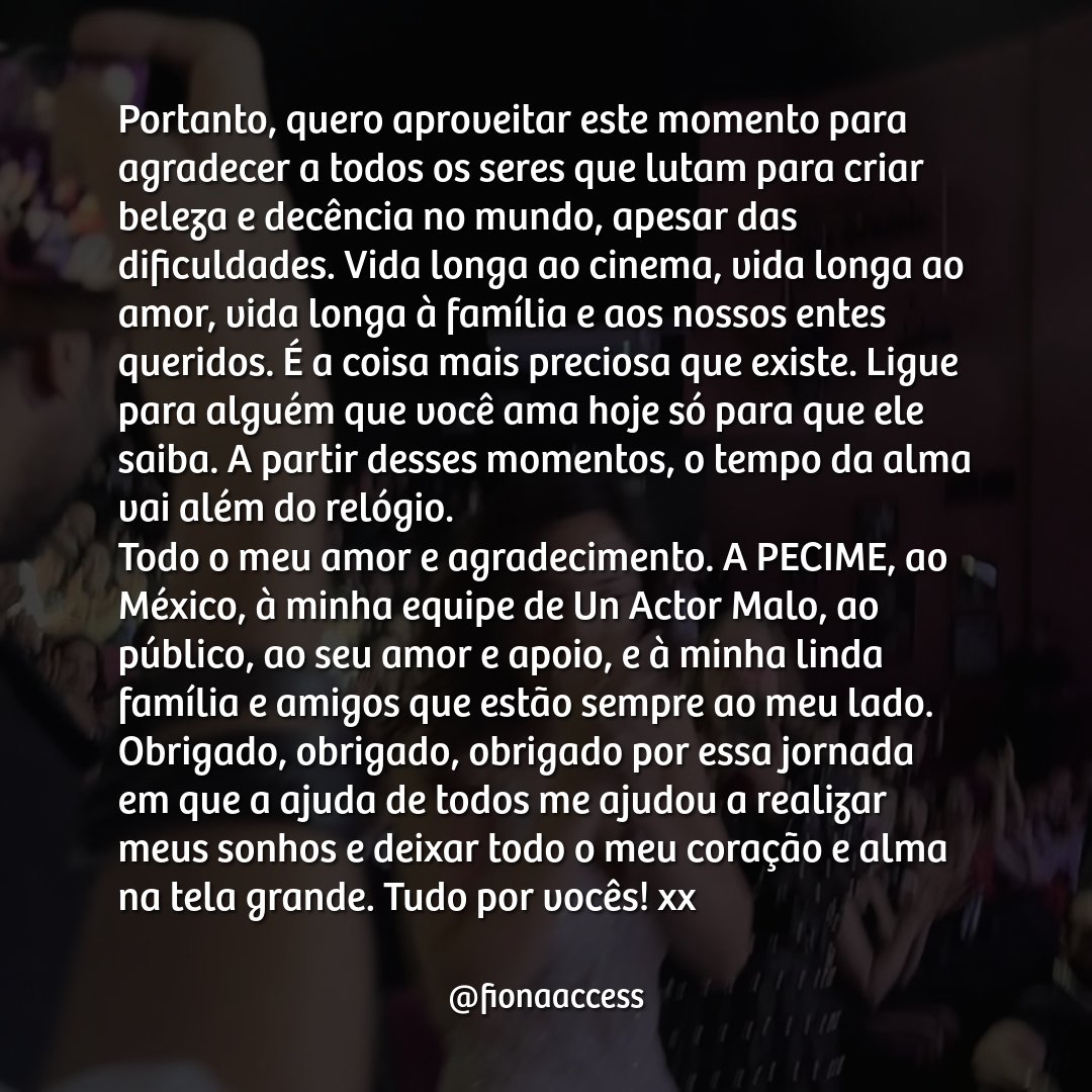 Mensagem de agradecimento da Fiona postada em seu Instagram 🤍